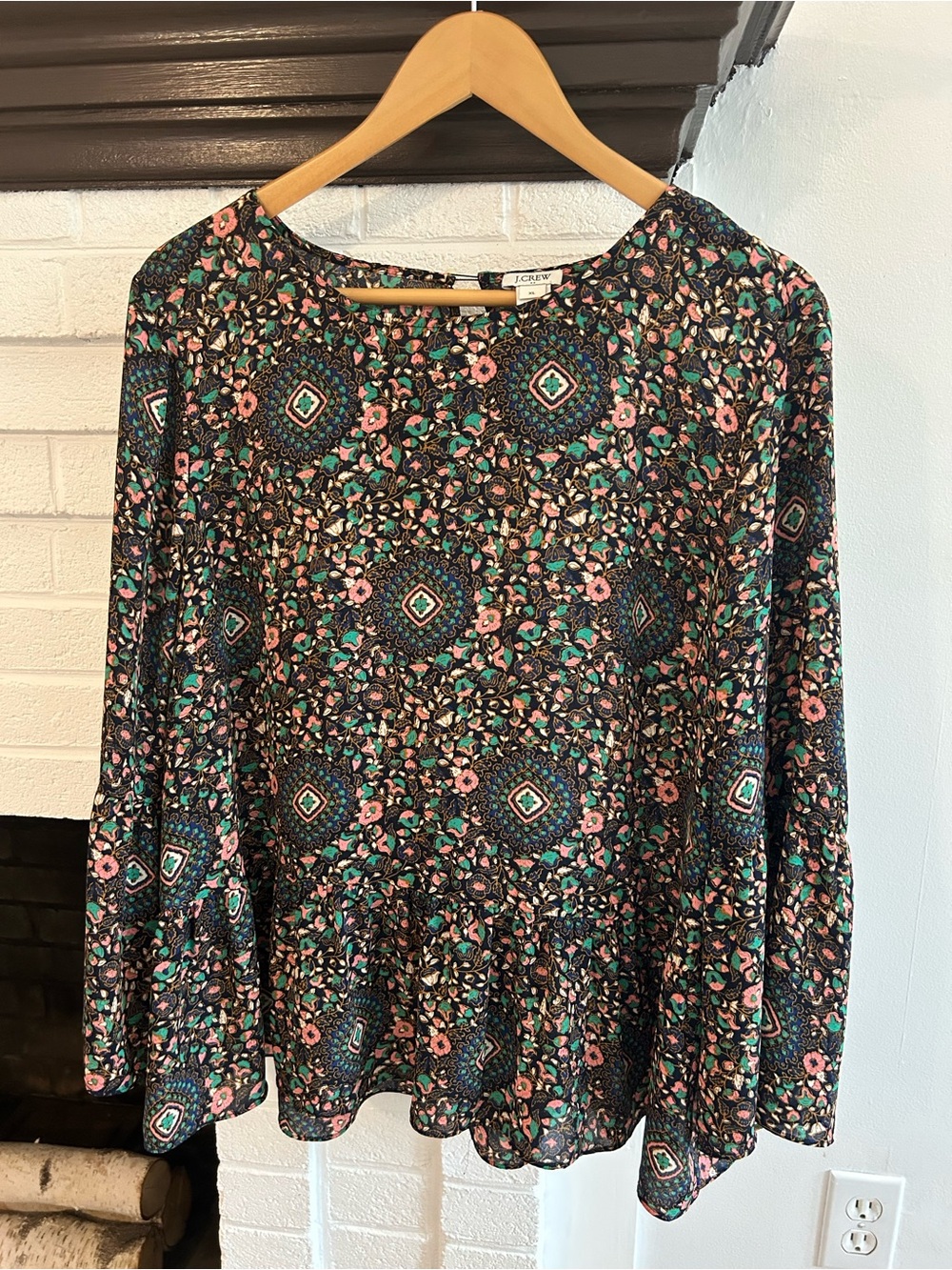 J. Crew Factory Black Floral Medallion Peplum Top with Pink & Teal Accents